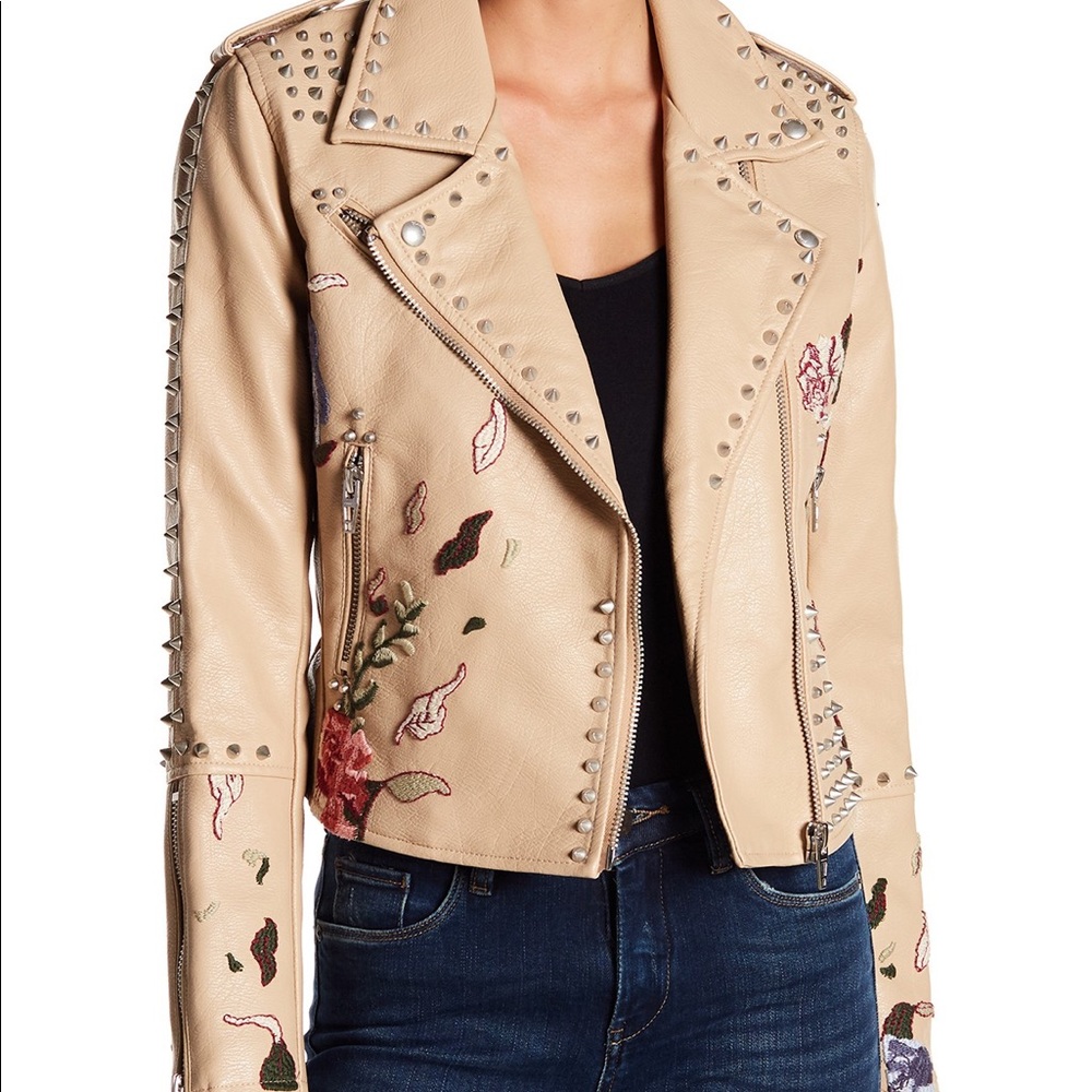BLANK NYC Studded Embroidered Faux Leather Jacket